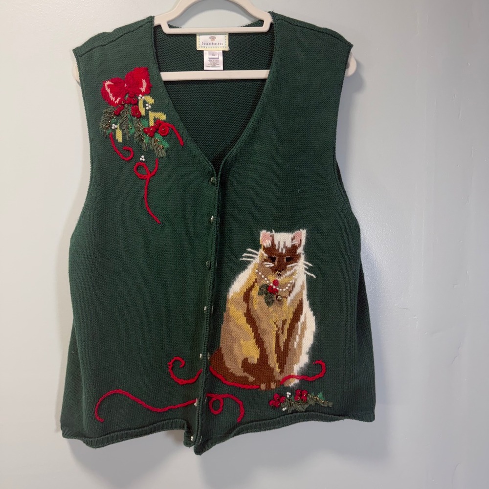 Vintage Susan Bristol Christmas Cat Knit Sweater Vest SB164 Green XL Grannycore